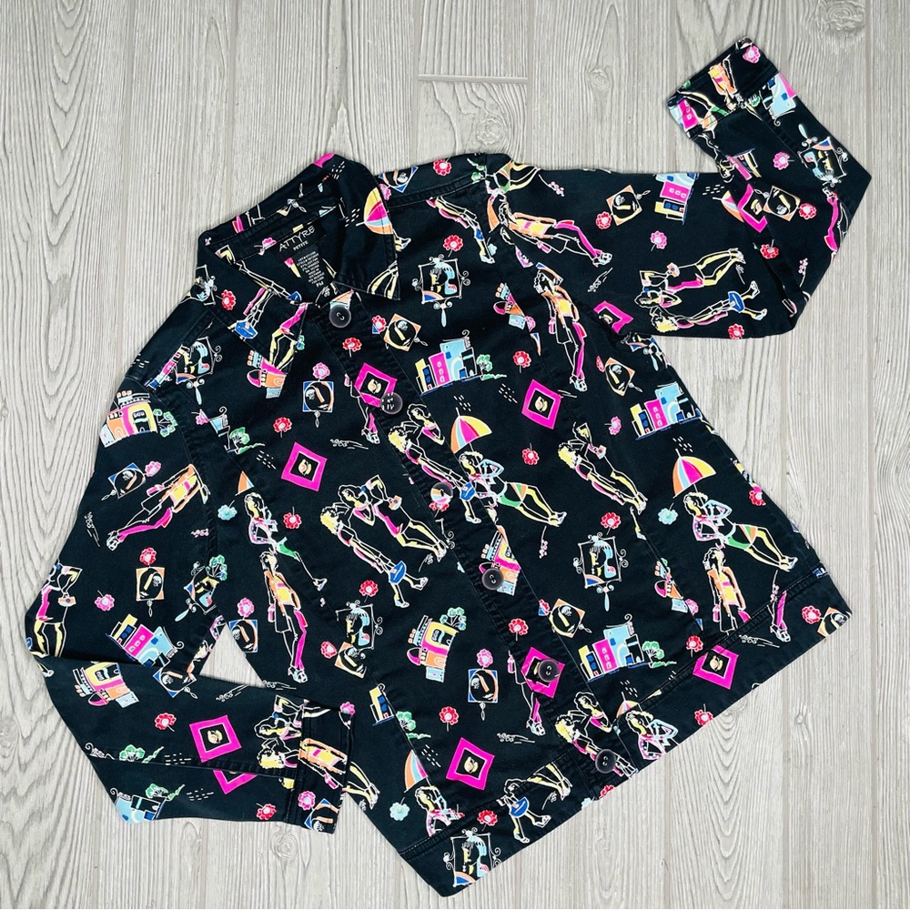 Attye light weight button up jacket / shirt rainbow neon girls trip theme retro